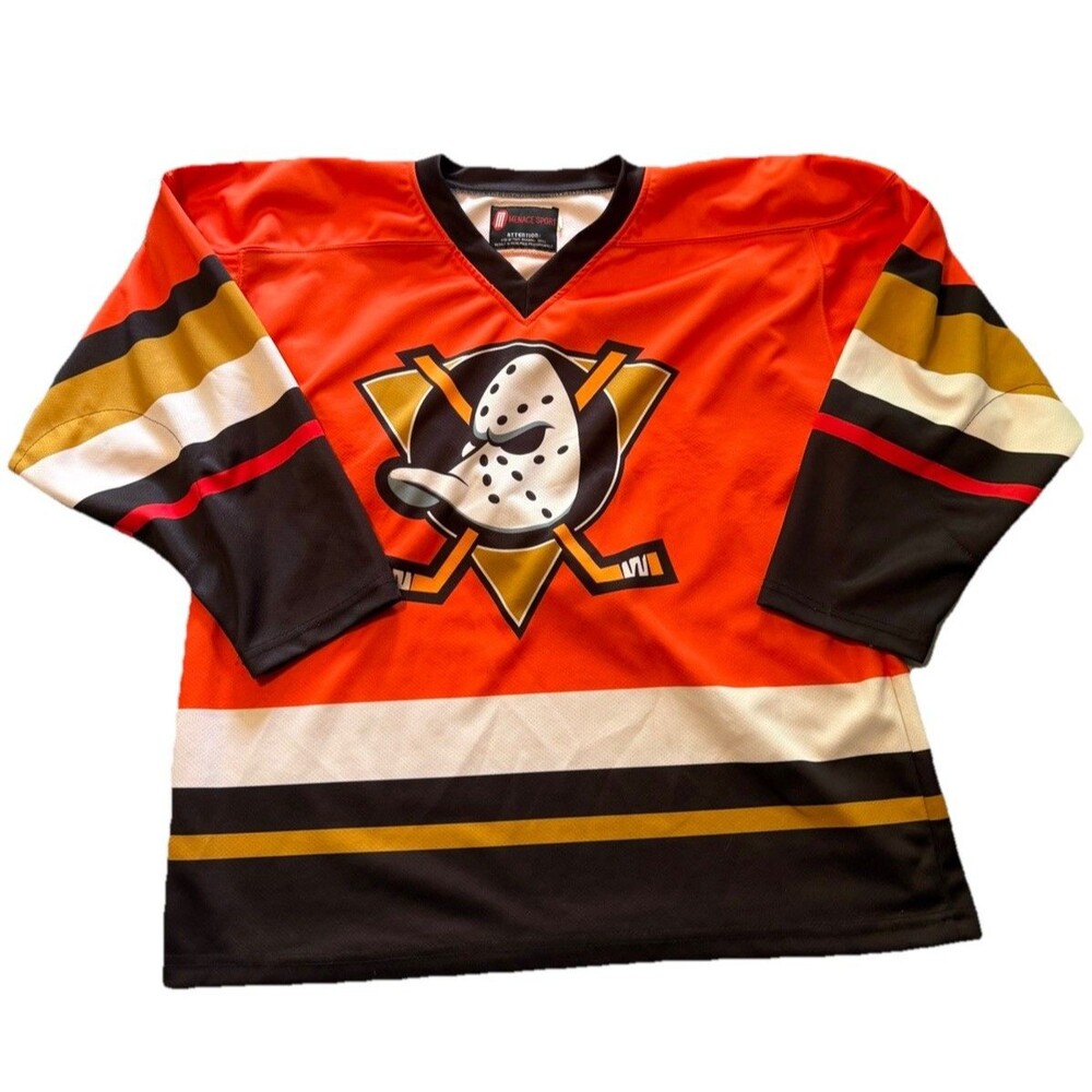 Menace Sport Mighty Ducks Theme Hockey Jersey Mens S #9 Orange Retro Streetwear